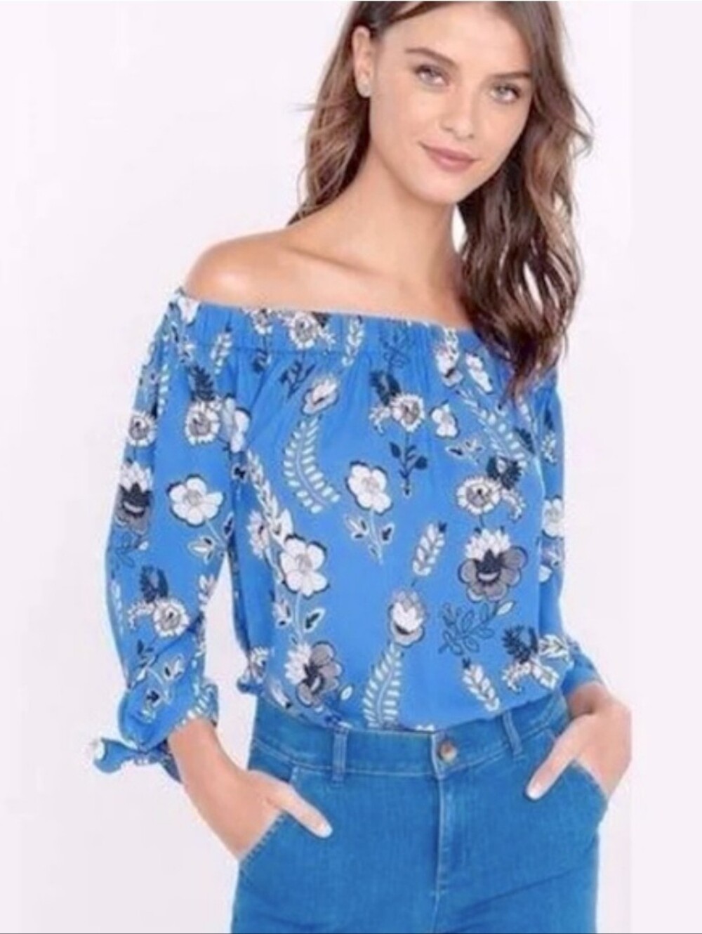 Express Women’s Blue White Floral Off Shoulder Flowy Blouse Long Sleeve Sz M